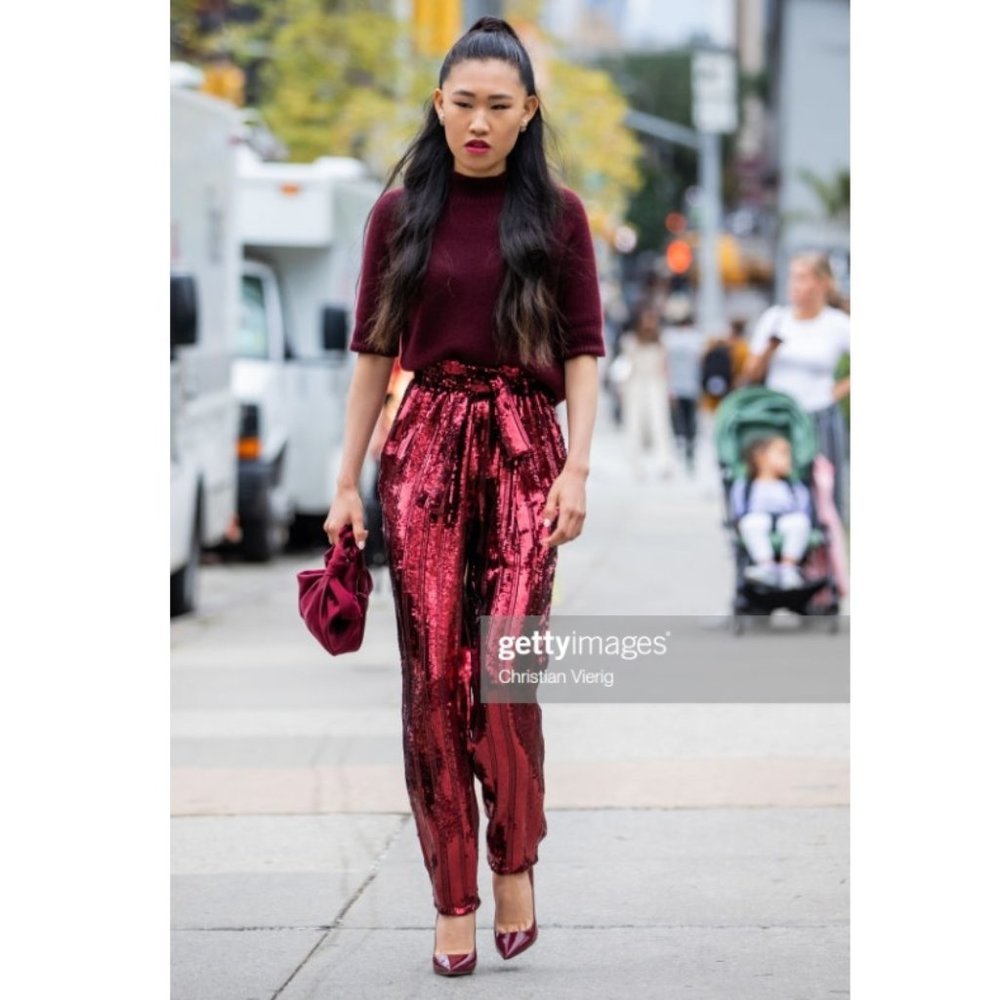 SALLY LAPOINTE Striped Belted Sequined Pants